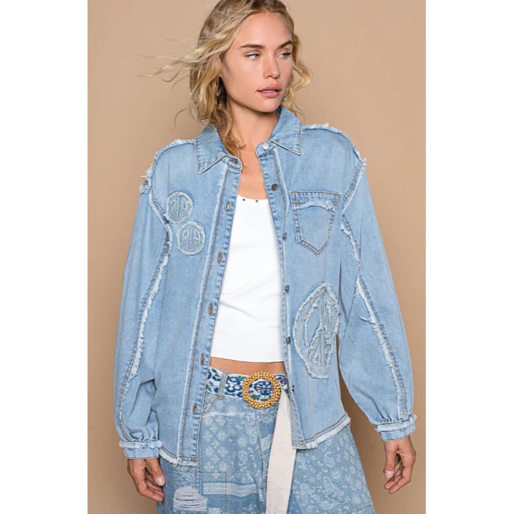 POL Peace Out Distressed Denim Shacket In S